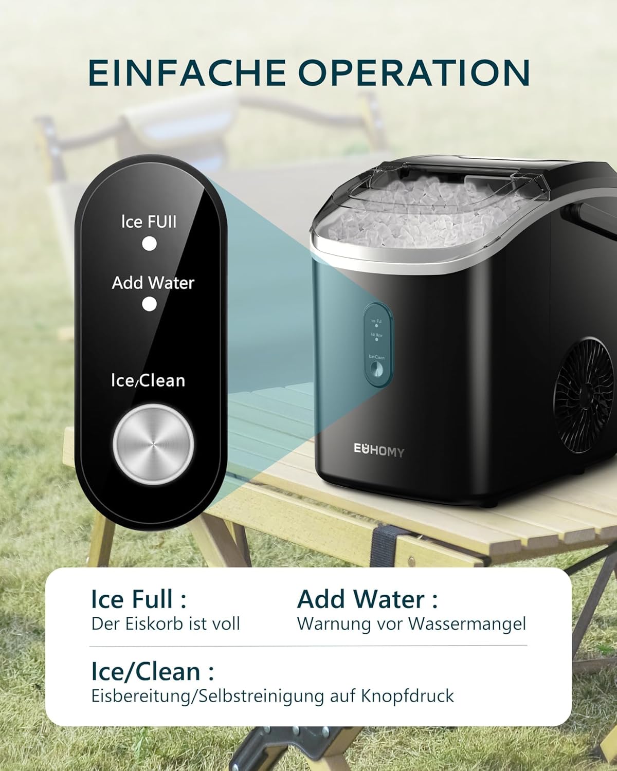 EUHOMY IJsblokjesmachine, 15 kg/24 uur, productie in 6 minuten, crushed ice maker, nuggets Ice, automatische reiniging, 120 W tafel-ijsblokjesmachine, infraroodsensor, energiezuinig, zwart