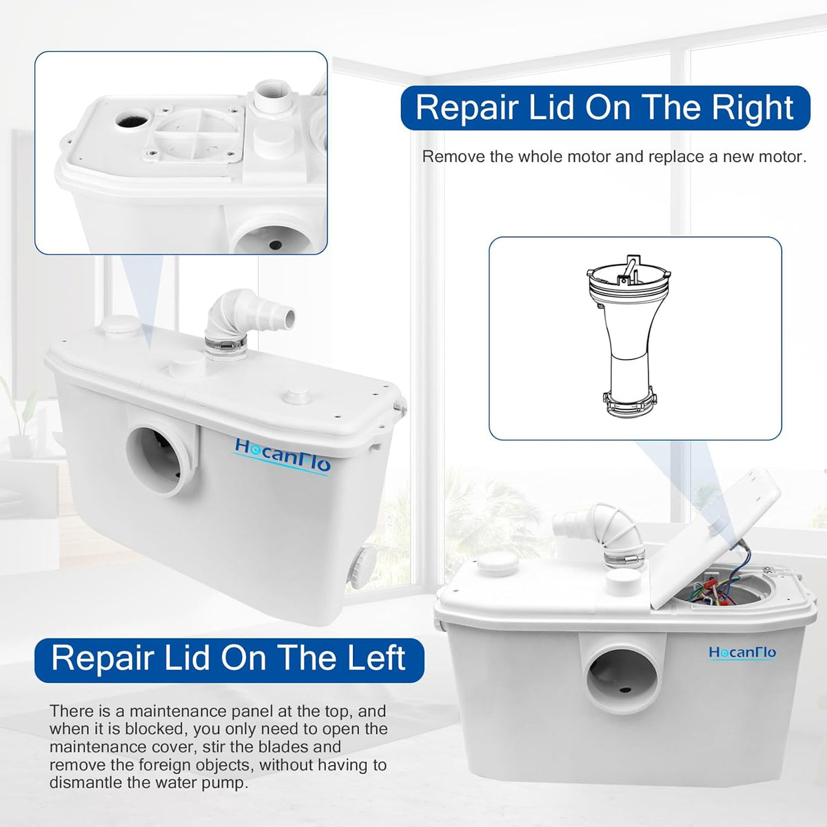 750W Afvalwaterpompen, Hoogrendement Rioolwaterpomp, Kelder Keuken Badkamer Slaapkamerpomp, Rioolwaterbehandelingspomp voor Wasserij en Gootsteen, 4 Inlaten & 2 Uitlaten Bomba de agua FLO750W