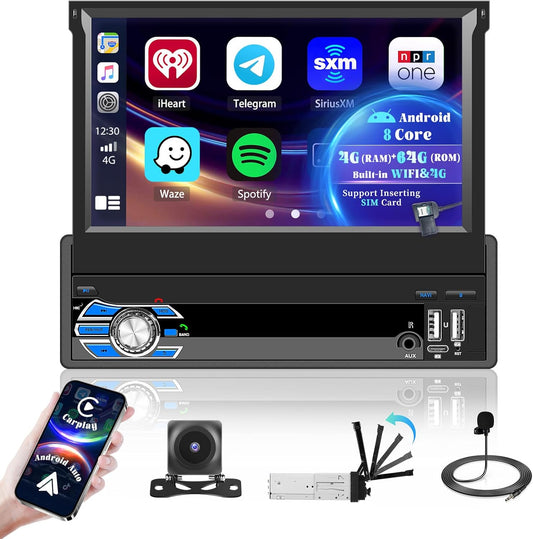 Autoradio – Auto Stereo – Multimedia Speler – Navigatiesysteem – Bluetooth Radio – Android 15 – 7 Inch Retracteerbaar Scherm – Draadloos CarPlay & Android Auto - QUORE