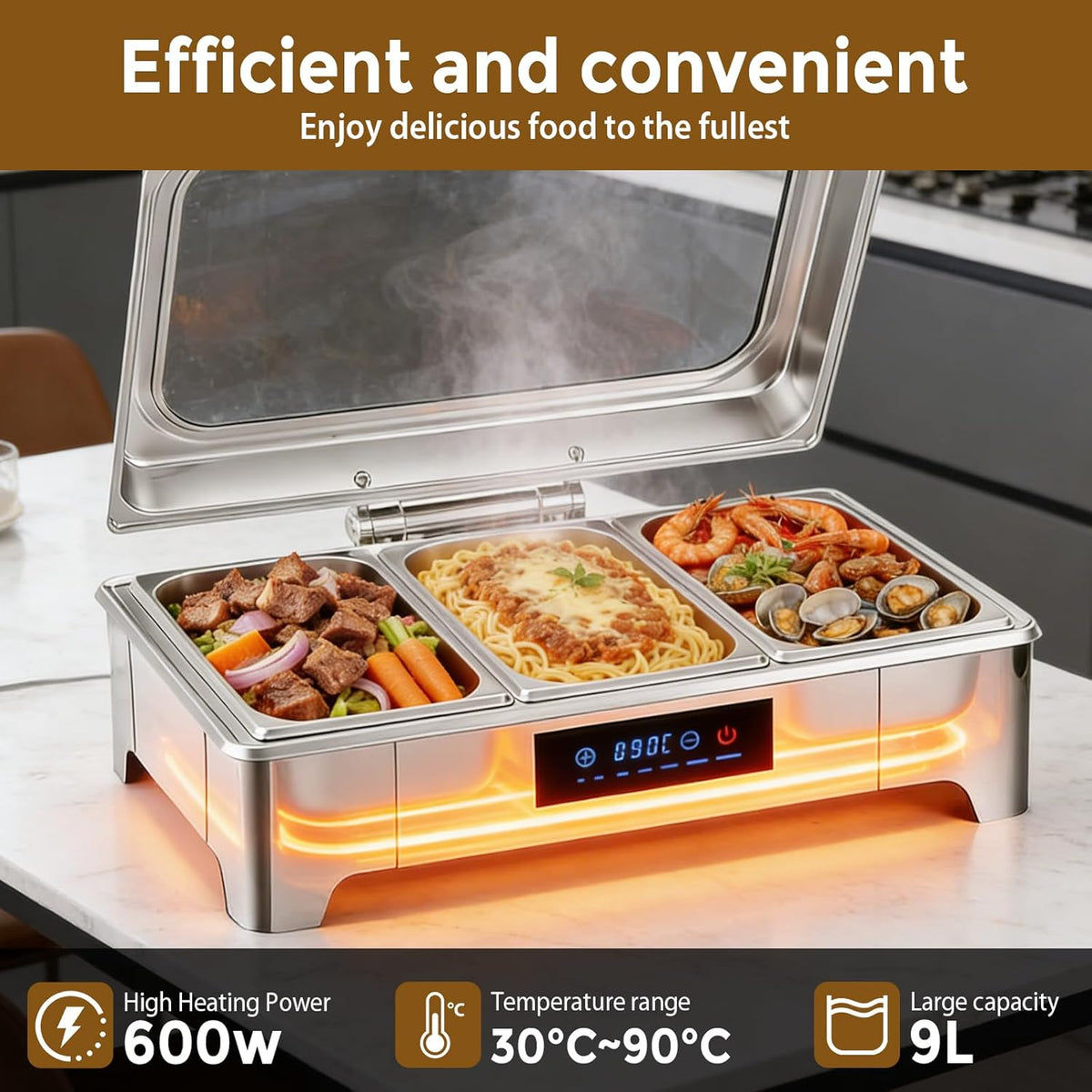 Maaltijd Chafing Dish, 9L roestvrij staal voedselwarmer met zichtbaar glazen deksel, 3 stuks roestvrij stalen warmhoudbakken voor feesten, bruiloften, buffet en feestjes (3 sets 1/3+1/3+1/3 GN