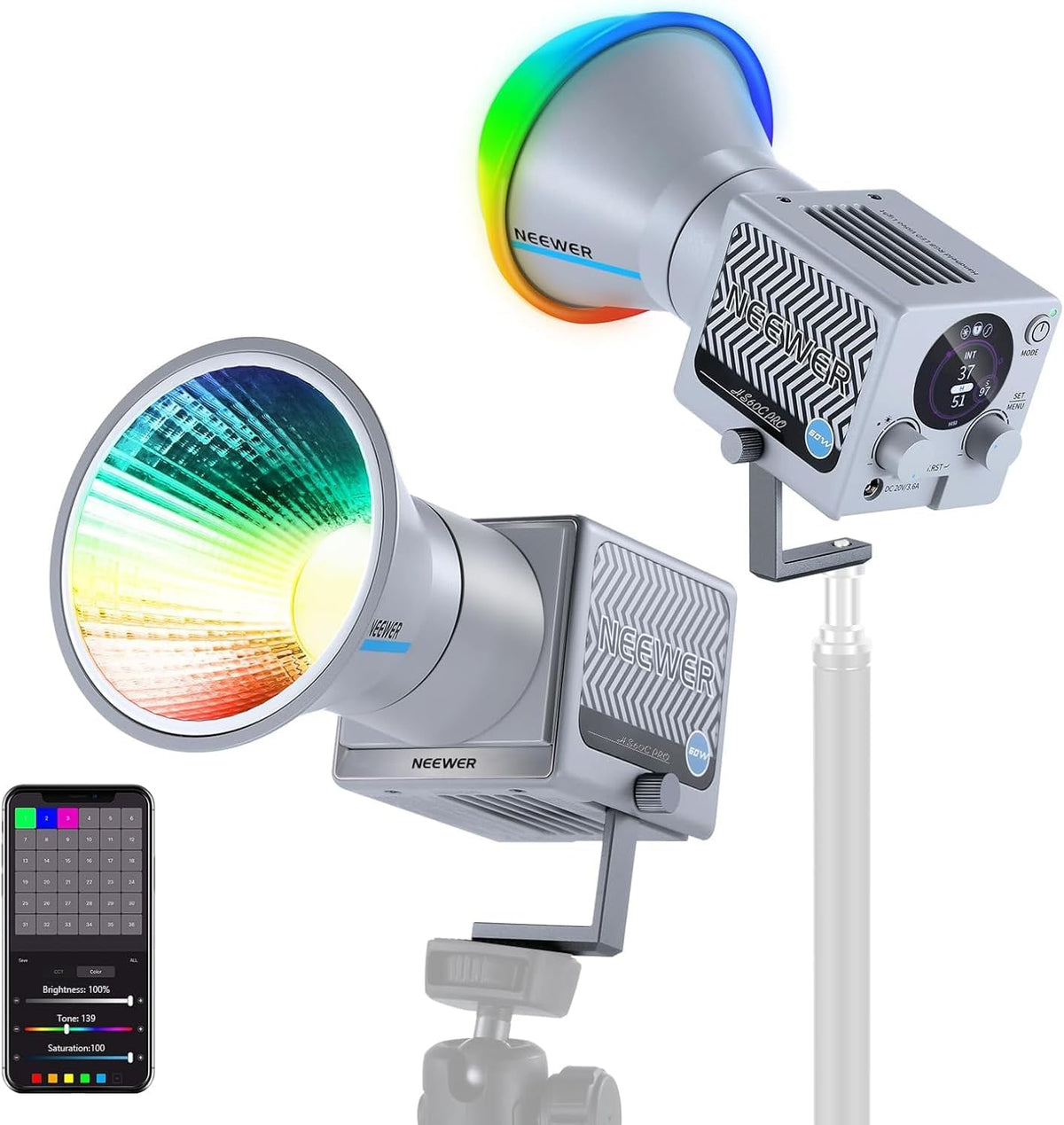 NEEWER HS60C Pro 60 W RGB led-videoverlichting, draagbaar, app/DMX/paneelbediening, 8700 lx/1 m, 2700-6500 K, IRC97+, COB continue verlichting voor video en studio-fotografie