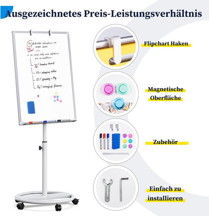 Maxtek Draagbaar magnetisch en droog uitwisbaar mobiel whiteboard met ezel 90 x 60 cm (zilver)