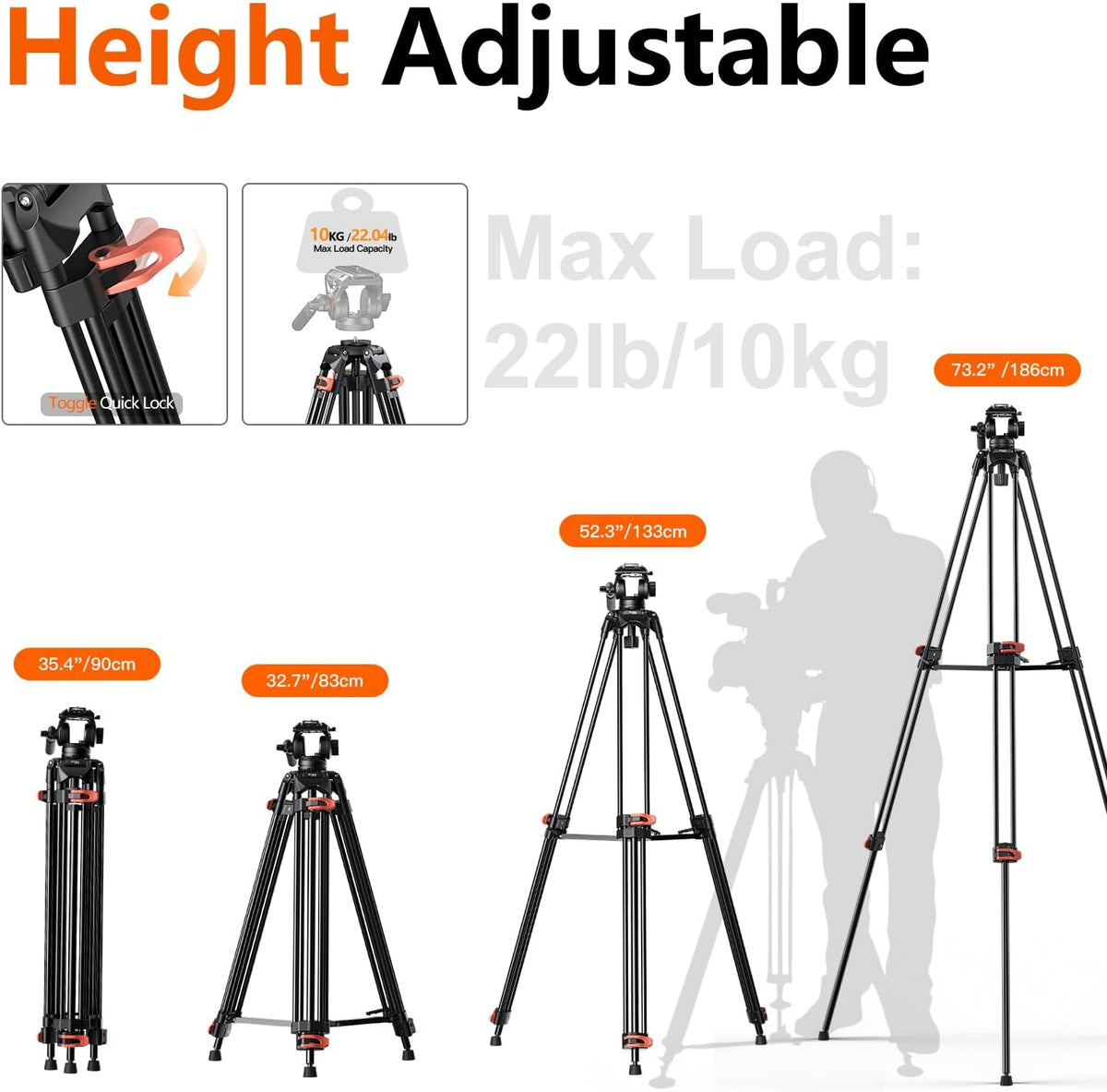 Statief Camera 186 Cm – Camerastatief – Fotostatief – Videostatief – Driepootstatief – 360° Draaibaar & +90°/-75° Kantelbaar – 10 Kg Draagvermogen