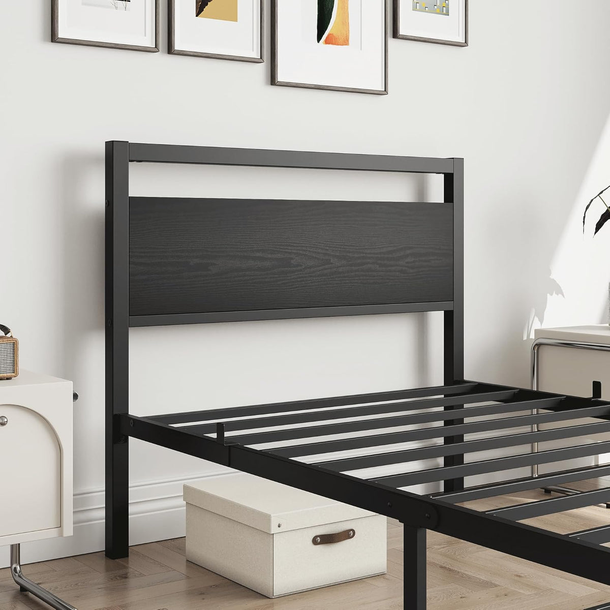 HOJINLINERO Bedframe 90 x 200 cm, bedframe van metaal, hout, eenpersoonsbed, metalen bed, 90 x 200 cm, met lattenbodem, logeerbed, tienerbed 90 x 200 cm met opbergruimte, opbergbed, bed frame, zwart
