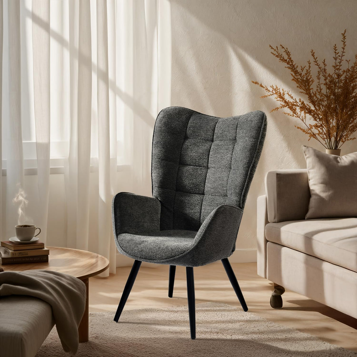 MEUBLE COSY Leunstoelen, armleunstoel stoel met gestoffeerde en hoge rugleuning metalen poten, relaxstoel van stof, voor slaapkamer, woonkamer, Donkergrijs, 68x50x106cm