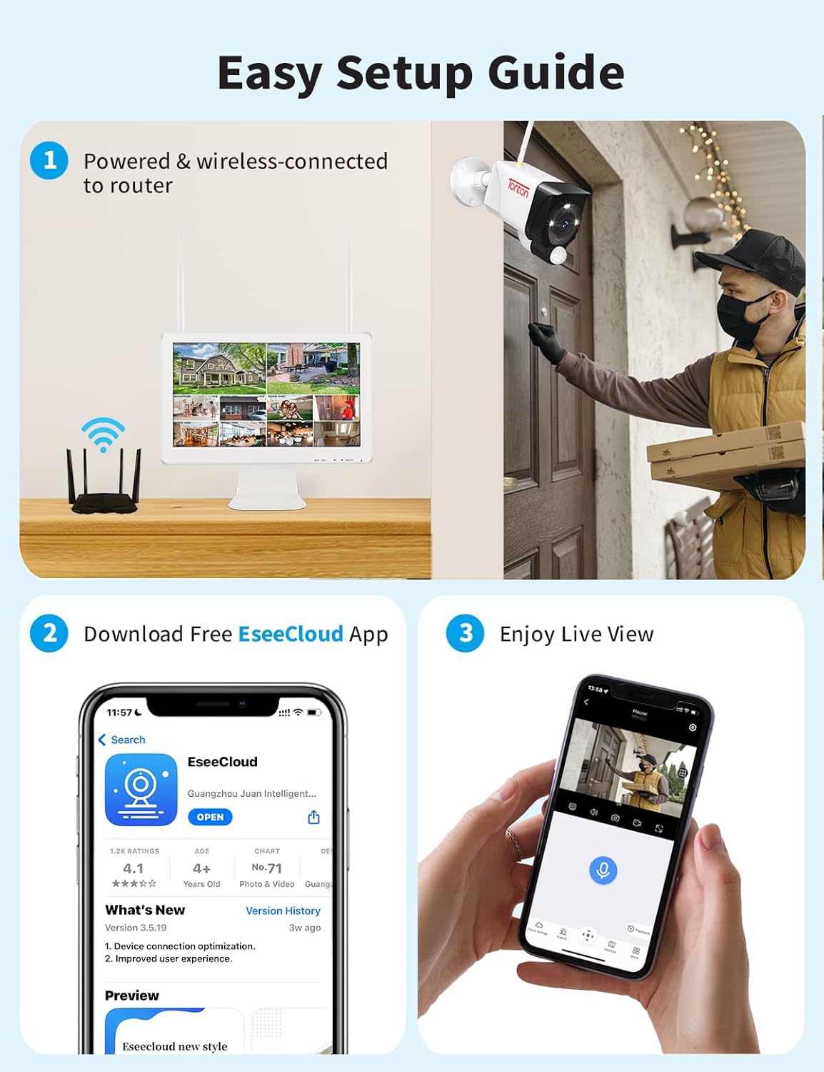 (Kleurennachtzicht) Tonton 5MP WLAN Bewakingscameraset 10CH Draadloze NVR 8PCS 3MP WLAN Buiten Bewakingscamera PIR AI Persoon/Voertuigdetectie Intercom Werk met Alexa 1TB HDD