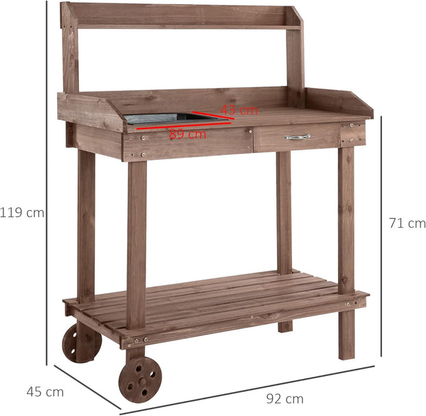 Oppottafel - Tuinwerktafel - Plantentafel -Tuinwerkbankje - met Schuiflade - 2 Niveaus - Bloementafel - voor Tuin - Sparrenhout - 92 x 45 x 119 cm - Bruin