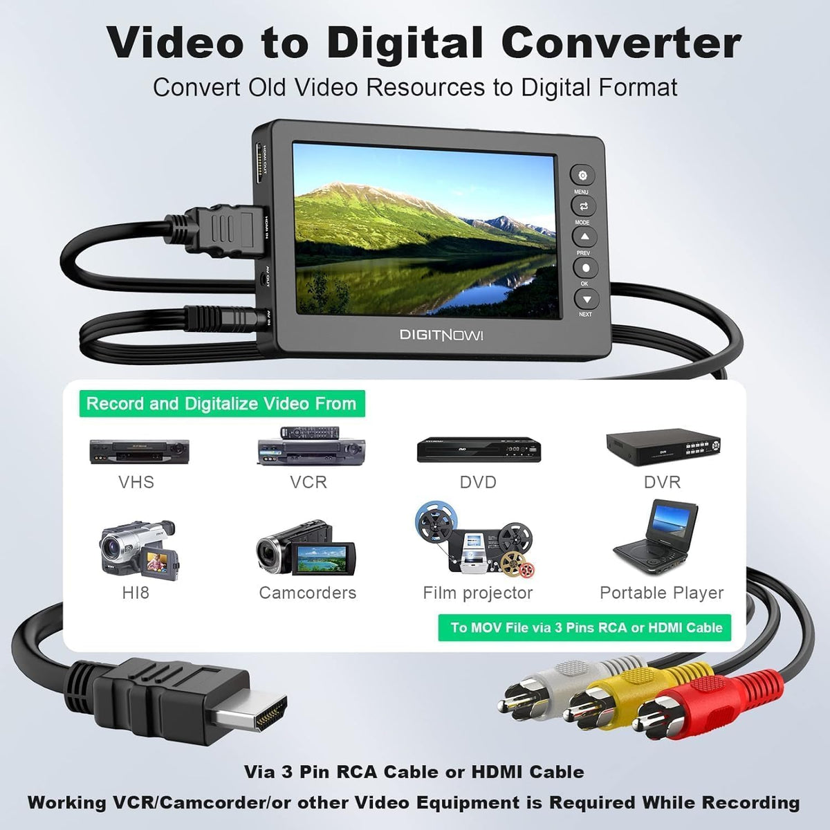 VHS naar digitale converter, HD Video Grabber, 1080p 60 fps video naar digitale converter, opnemen van video en audio van VCR, VHS, Hi8, DVD, camcorder (zwart mini DV-afspeelapparaat)