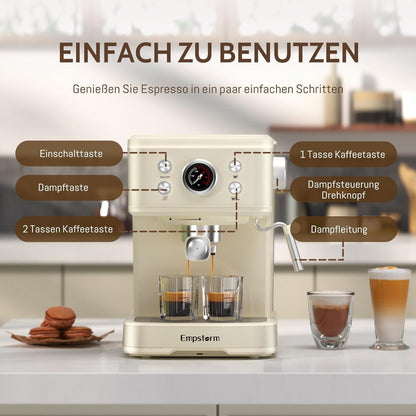Empstorm Espresso Filtermachine met melkopschuimer, 20 bar, espressomachine met zeefhouder, 2-in-1 Expresso machine voor poeder en capsules, 1,5 l waterreservoir, zeefhouder, koffiezetapparaat, wit