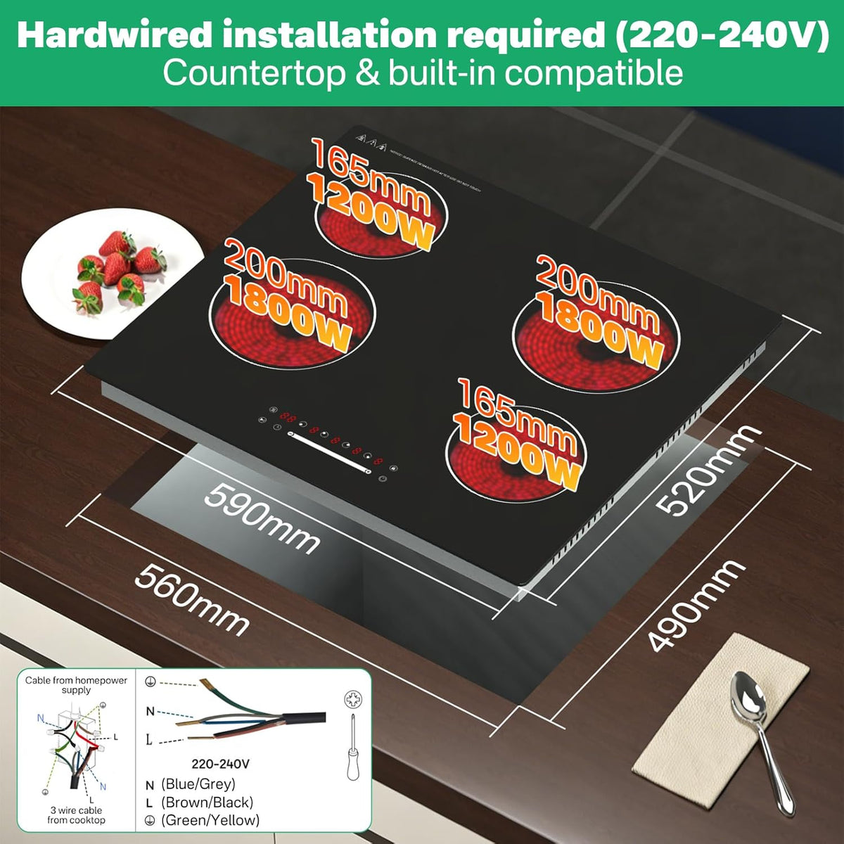 Keramische kookplaat, 60 cm, 4 branders, 6000 W touch-bediening met schuif, kookzones met een cirkel, zonder stekker, directe aansluiting, boring 560 × 490 mm