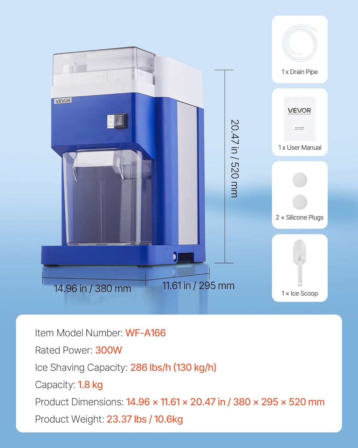 VEVOR Commerciële ijsscheermachine, sneeuwegelmachine, 1,8 l, fijn en luchtig met 300 W motor en roestvrijstalen messen, commerciële ijscrusher voor dessertwinkels, familiebijeenkomsten, restaurant