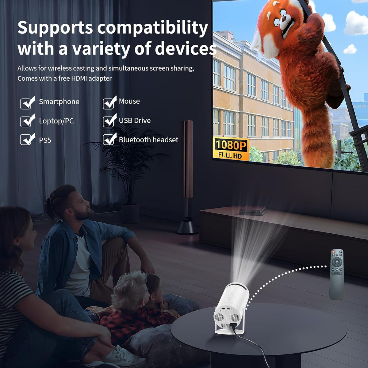 Beamer, mini-projector met wifi en Bluetooth, 4K, CWOWDEFU, 270° verstelbare standaard, outdoor, draagbare filmbeamer, home theater, Native 1080p Full HD-projector met luidspreker, Android TV/HDMI,