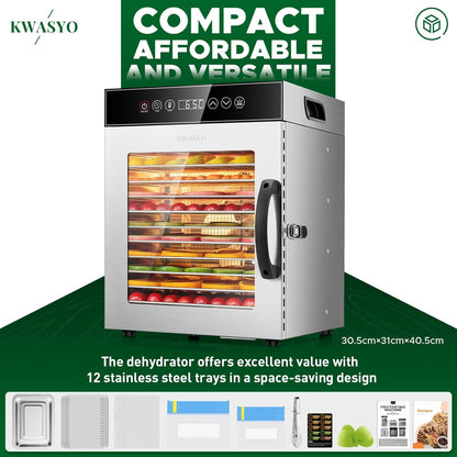 Kwasyo Voedseldehydrator 12 trays, 750W roestvrijstalen dehydrator, voedseldroger UK met digitale timer en temperatuurregeling, oververhittingsbeveiliging, receptenboek inbegrepen