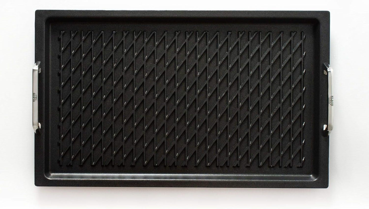 Klaus grillt Gastronorm grillplaat GN 1/1 met BBQ-grillbasis voor inductie door AMT Gastroguss 53 x 33 cm 2 cm hoog met roestvrijstalen handgrepen Lotan® antiaanbaklaag AMZN-KG-I-2533-G-BBQ
