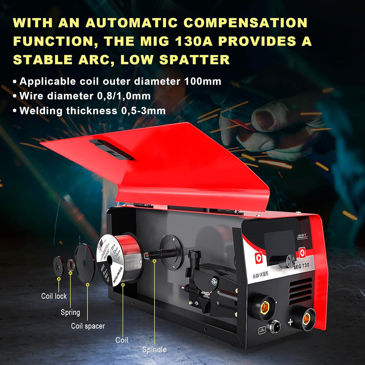 VECTOR WELDING Vuldraad lasapparaat 130 A, MIG MAG lasapparaat voor beginners, IGBT inverter lasapparaat met elektrodenlasfunctie, lasapparaat vuldraad zonder gas