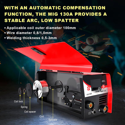 VECTOR WELDING Vuldraad lasapparaat 130 A, MIG MAG lasapparaat voor beginners, IGBT inverter lasapparaat met elektrodenlasfunctie, lasapparaat vuldraad zonder gas