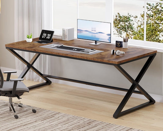 LVB Rustiek Groot Thuiskantoor 70.8” Lang en Breed Computerbureau, Houten Metalen Werkbureau voor Studie Schrijven Gamen, Boerderij Dubbele Monitor Werkstation Directie Computer Tafel, Rustiek Bruin