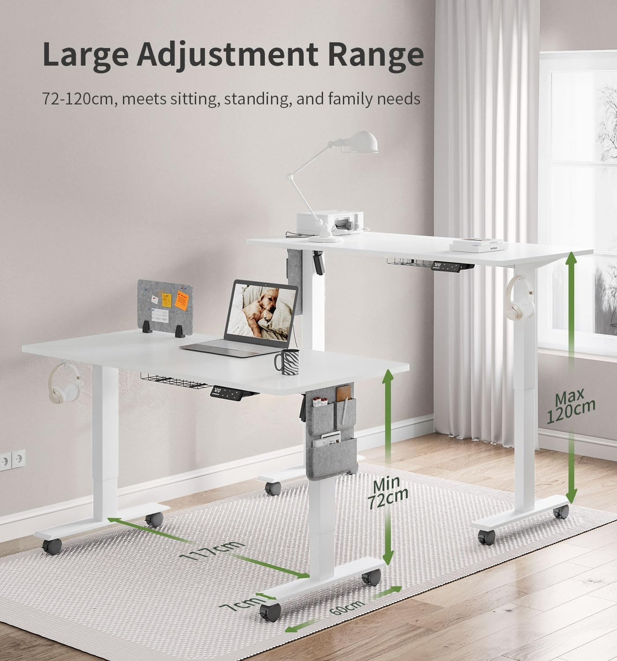 MAIDeSITe Height Adjustable Desk (140 x 70cm) Easy to Assemble Desk Height Adjustable Electric with 4 Memory Buttons and Memoboard and 360° Wheels Desk SN1 - QUORE