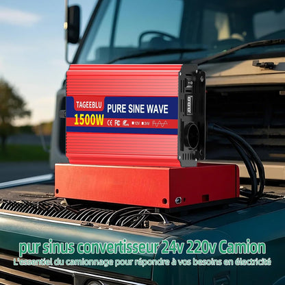 1500W Zuivere Sinusomvormer – DC 24V Naar AC 230V Omvormer – 24V Omvormer – Spanningsomvormer – Inverter – 3000W Piekvermogen – 2 AC-Stopcontacten Met LCD-Scherm