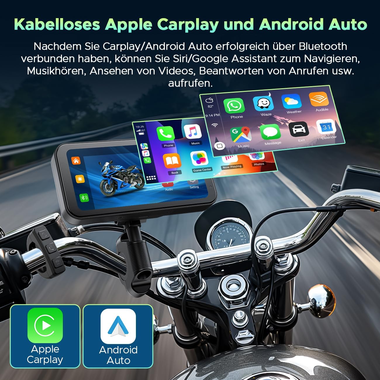 Draadloos CarPlay Scherm Motorfiets – Motorfiets Display – Navigatiescherm – Android Auto Scherm – Touchscreen GPS – 6,25 Inch HD IPS – IP67 Waterdicht Met Bluetooth 5.0
