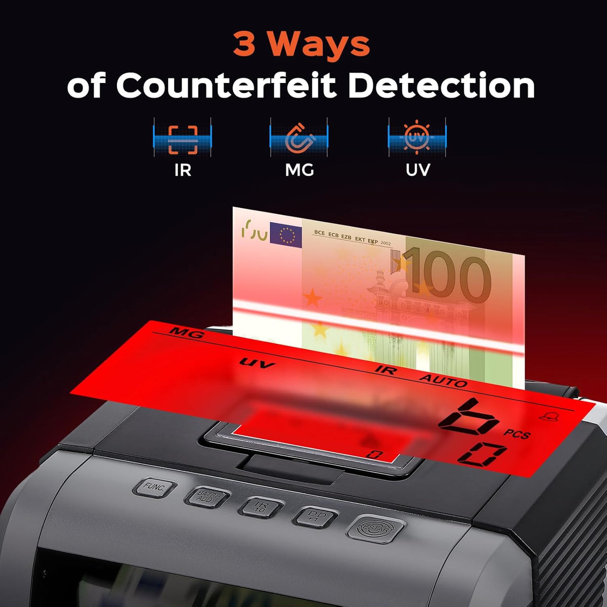Bonvoisin Bankbiljettenteller, waardemeter voor geordende bankbiljetten met UV/MG/IR-vervalsherkenning, 1000 stuks/min, geldtelmachine met inklapbaar en draaibaar display