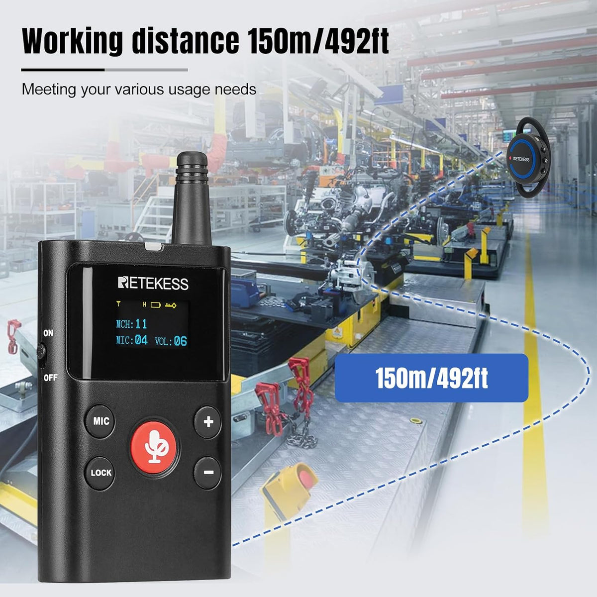 Retekess TT126R Tweeweg Audiogeleidingssysteem, 280m full Duplex Oorhaak Mini-ontvanger, Draadloos Communicatiesysteem voor Paardensporttraining, VIP-Receptie (1 Zender 15 Ontvangers)