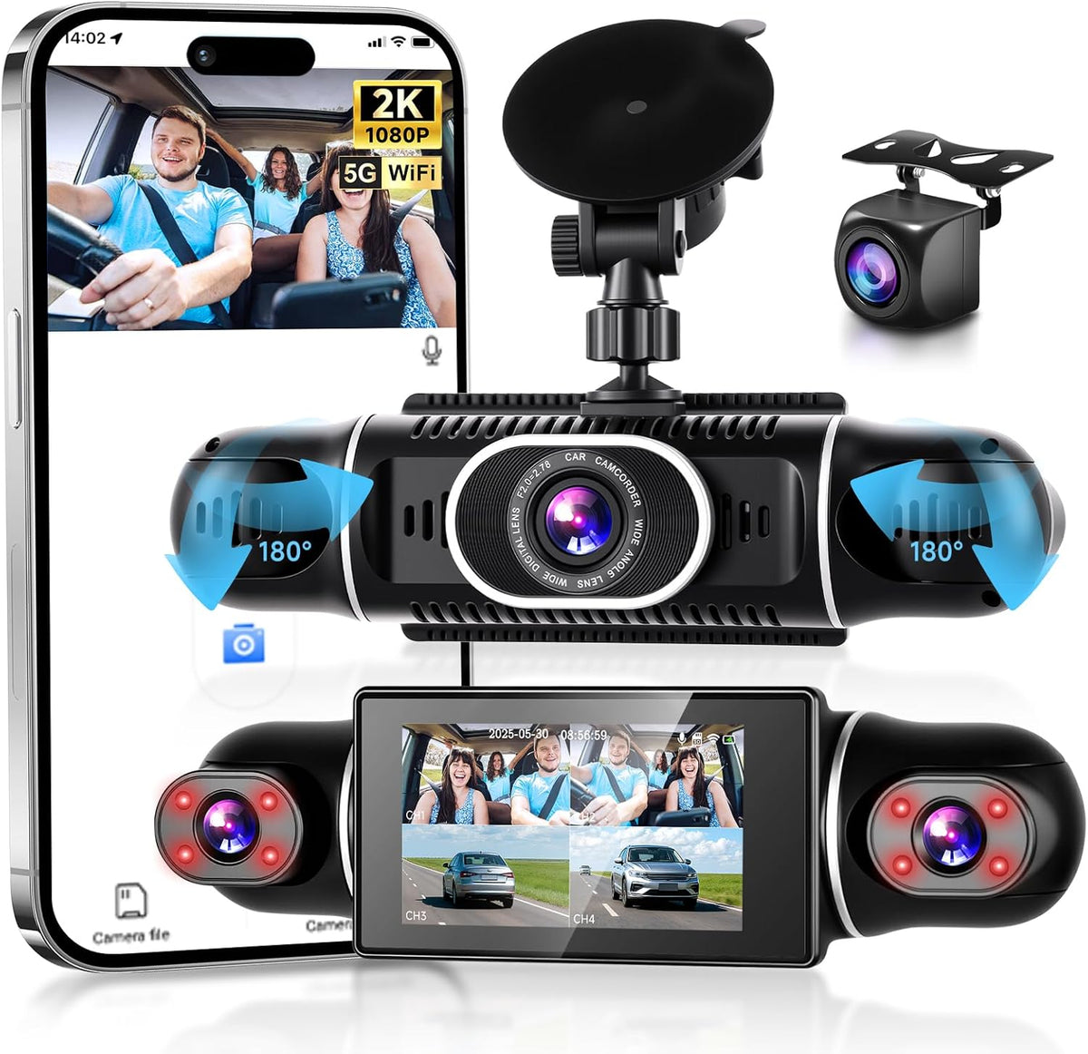 Dashcam 2K auto met wifi, 4 1080p dashcams met 3 inch IPS-display, nachtzicht, versnellingsmeter, 360 graden bescherming, ondersteunt 128G, G-sensor