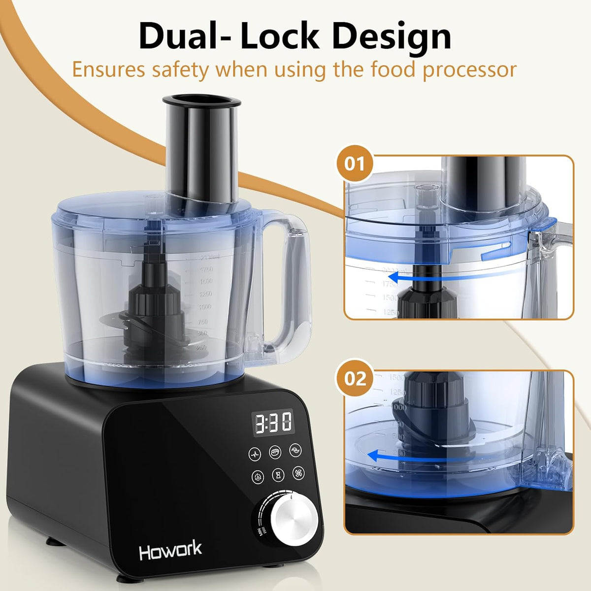 Howork Food Processor 1500 W, grote inhoud, multifunctioneel, voor het hakken, snijden, malen, smoothies, vullen en deeg, roostervrij staal, zwart