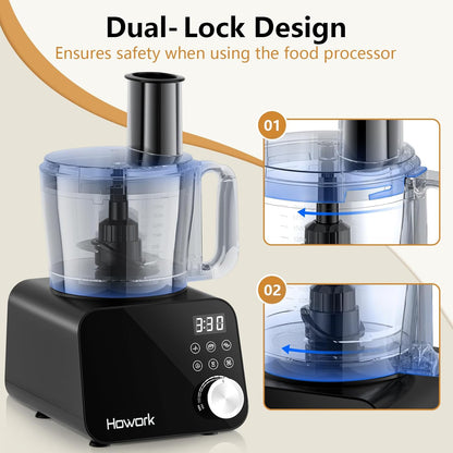Howork Food Processor 1500 W, grote inhoud, multifunctioneel, voor het hakken, snijden, malen, smoothies, vullen en deeg, roostervrij staal, zwart
