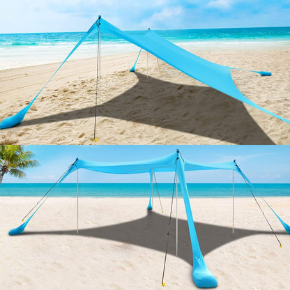 COMMOUDS Beach Tent Beach Tent Portable with 4 Aluminium Poles, 3 x 3 m, UPF50+, Easy to Set Up Family Shelter for Beach, Camping, Fishing, Garden, Outdoors