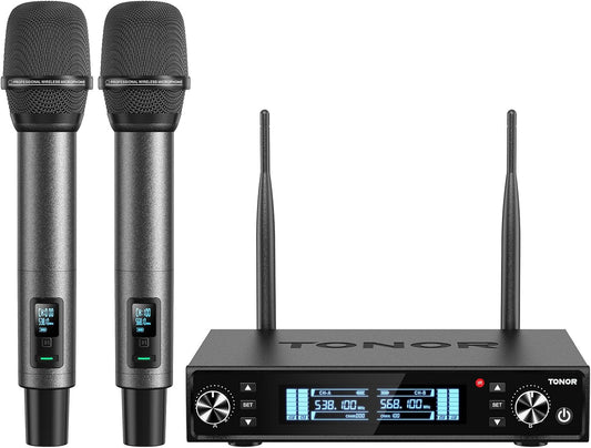 TONOR Draadloze Microfoon, Dynamische Handmicrofoon Inalambrico UHF-Microfoon, 2x100 Draadloos Microfoonsysteem, 6,35 mm / 3,5 mm, 80m Bereik Zingen Karaoke kerk Partij DJ, TW550