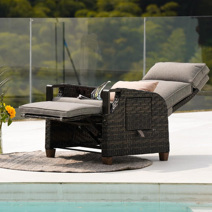 Grand patio Recliner Lounger with Seat Cushion Armrest Chair Adjustable Backrest Rattan Sun Lounger for Indoor Outdoor Use Dark Grey Dark Grey Seat Cushion and Brown Rattan - QUORE