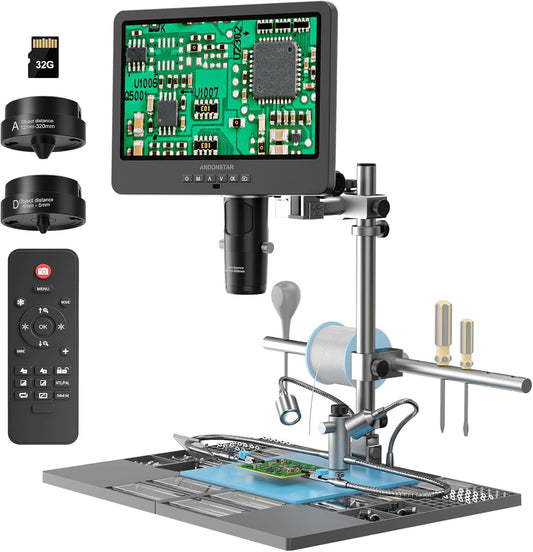 Andonstar AD249S-M Plus 10.1 ''HDMI Solderen Digitale Microscoop voor Elektronica Reparatie, 2000x 3 Lens 2160P UHD Video Record, Solderen Microscoop Station met Helpende Handen, Dia's, 32GB Card
