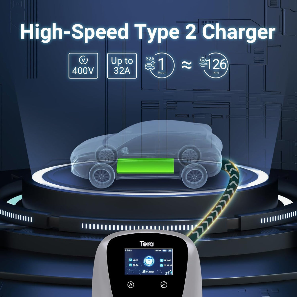 Tera EV oplader Smart APP met 16-32A type 2 22kW of 11kW of 22kW thuis laadstation 400V CE & TÜV Wallbox 7 m oplaadkabel met laderhouder app-besturing CEE 3-fasen stekker W01, zilver