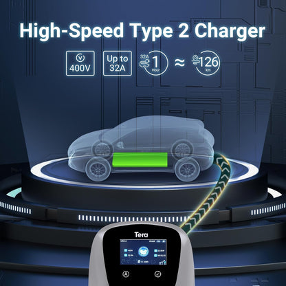 Tera EV oplader Smart APP met 16-32A type 2 22kW of 11kW of 22kW thuis laadstation 400V CE & TÜV Wallbox 7 m oplaadkabel met laderhouder app-besturing CEE 3-fasen stekker W01, zilver