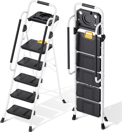 KINGRACK Ladder 5-staps met 150kg Capaciteit, Opvouwbaar Trapladder Vouwladder met Veilige Vergrendeling Gereedschapsbak Brede Antislip Pedalen Leuningen, Huishoudladder voor Thuis Kantoor Kasten, Wit