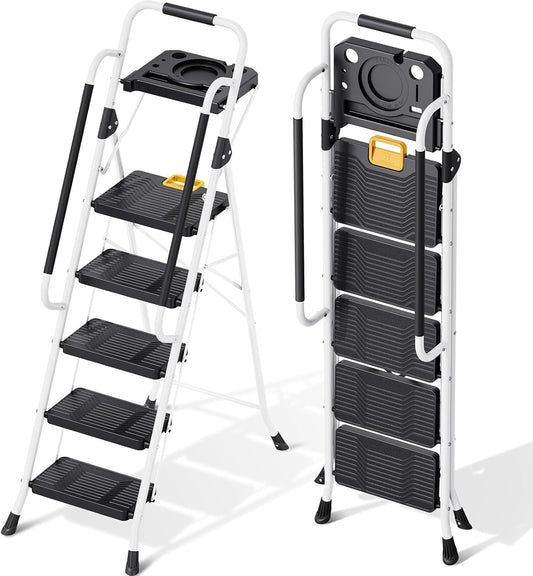 KINGRACK Ladder 5-staps met 150kg Capaciteit, Opvouwbaar Trapladder Vouwladder met Veilige Vergrendeling Gereedschapsbak Brede Antislip Pedalen Leuningen, Huishoudladder voor Thuis Kantoor Kasten, Wit