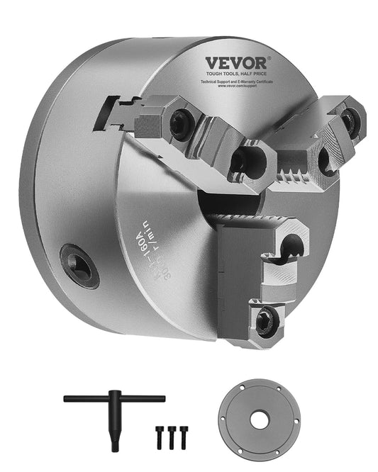 VEVOR 3-jaw lathe holder, 160 mm, self-centering chuck with 1 1/2"-8 threaded support plate, 3-145 mm clamping range with T-wrench screws, HT300 material, for wood-metal lathe