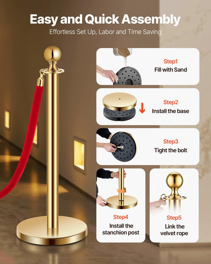 VEVOR Closing posts locking (6 pieces) for controlling crowds with 4 red velvet ropes (1.5 m long), stainless steel closing stand with refillable base for exhibitions gold