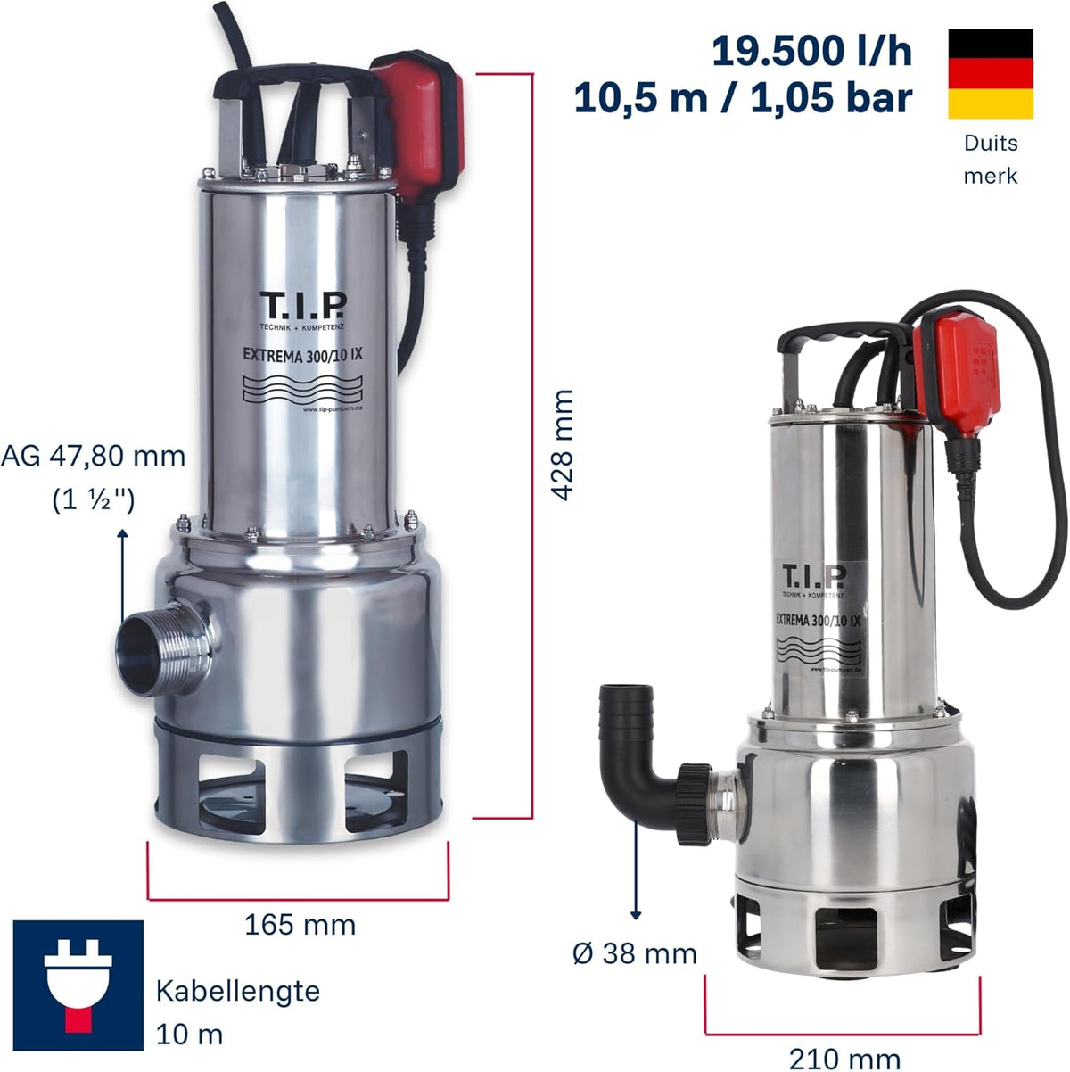 Vuilwaterpomp – Dompelpomp – Bouwpomp – Afwateringspomp – Pomp – 19.500 l/u Debiet – Roestvrijstalen Loopwiel