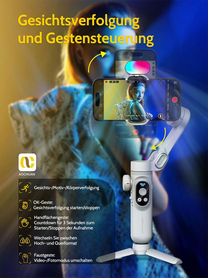Gimbal Stabilizer voor Smartphone, RGB Magnetische Refill Light Set, OLED Display LED Licht Focus Wiel, Professionele 3-assige stabilisator voor Android &iPhone, AOCHUAN XPRO KIT Grijs