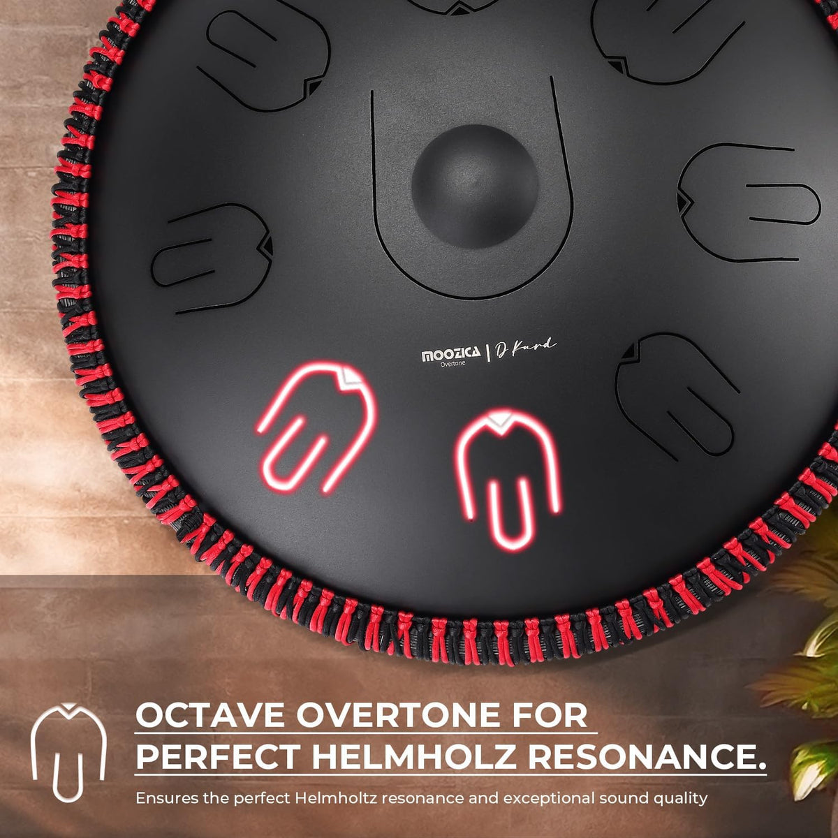 MOOZICA Tongtrommel, 35,5 cm, 17 noten in D-Moll, stalen handpan, tongtrommel met octaaf-boventoon-design, slaginstrument met draagtas (D Kurd, zwart)