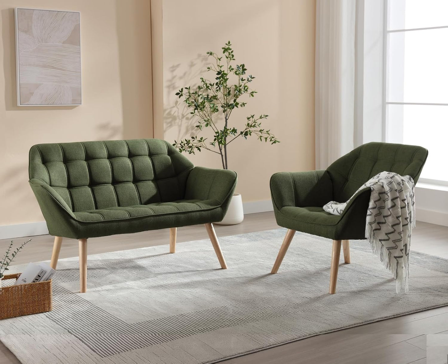 chairus Set of 2 Upholstered Tub Chairs Linen Single Sofa Accent Chair for Living Room Modern Recliner Cocktail Chair with Wooden Legs (Green-2)
