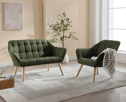 chairus Set of 2 Upholstered Tub Chairs Linen Single Sofa Accent Chair for Living Room Modern Recliner Cocktail Chair with Wooden Legs (Green-2)