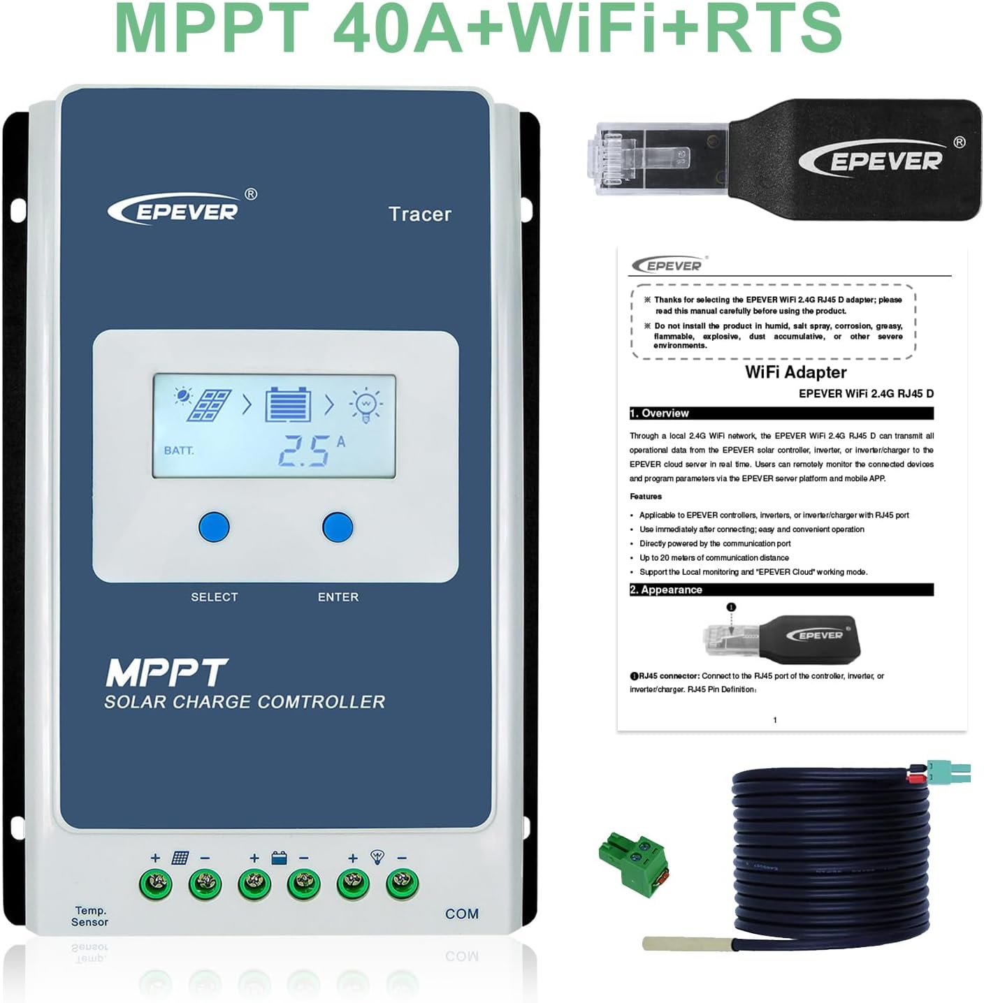 EPEVER MPPT Solar Laadregelaar 40A 12 V 24 Auto Zonnepanelen Max PV 100 V Regulator met WiFi Adapter APP Set Monitor