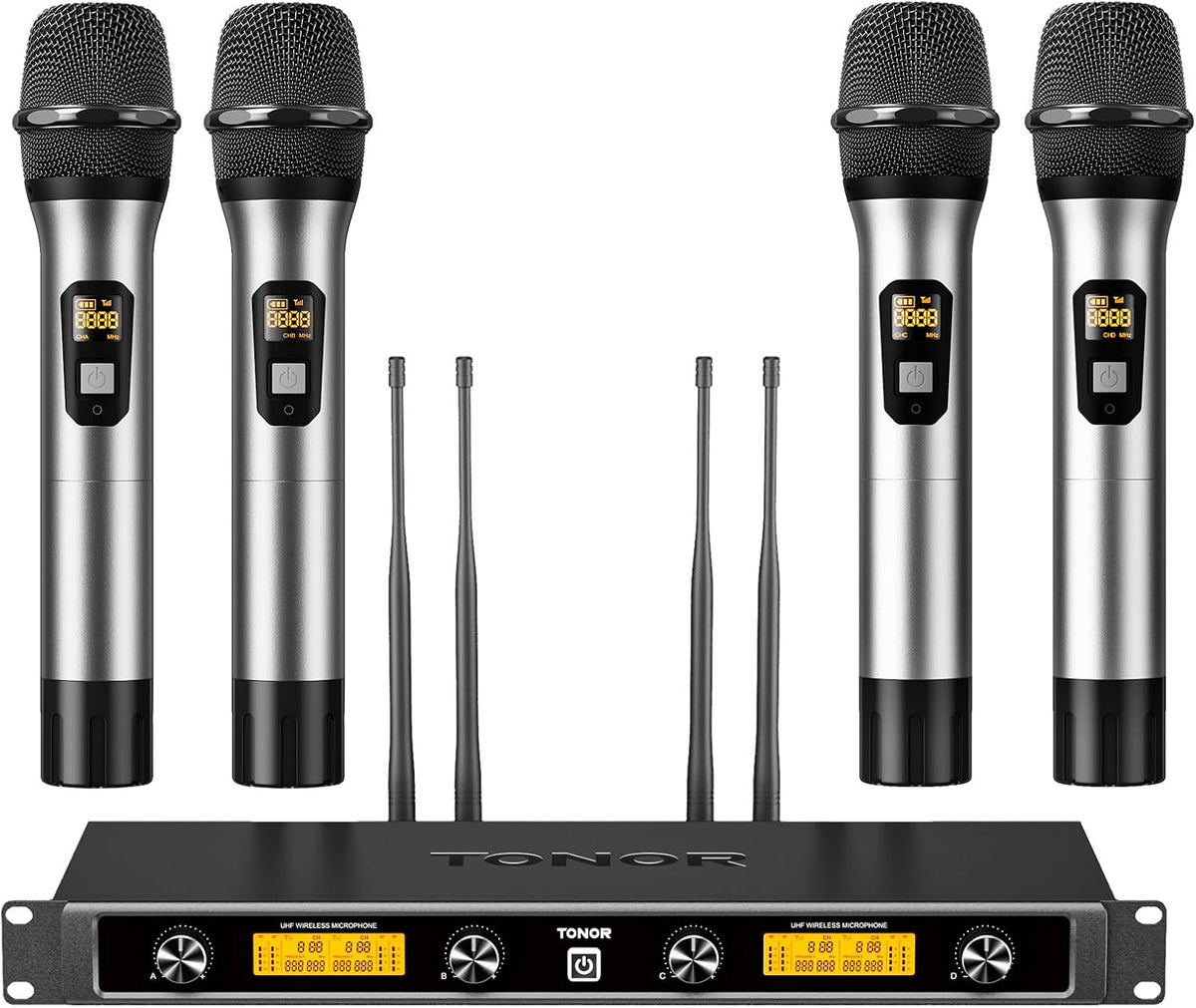 Draadloze microfoons – Zilver – Microfoonset – Karaokemicrofoons – Handmicrofoons – Zangmicrofoons – 4x5 Kanalen – 4 Antennes Voor 90 m Bereik