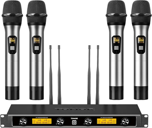 Draadloze microfoons – Zilver – Microfoonset – Karaokemicrofoons – Handmicrofoons – Zangmicrofoons – 4x5 Kanalen – 4 Antennes Voor 90 m Bereik
