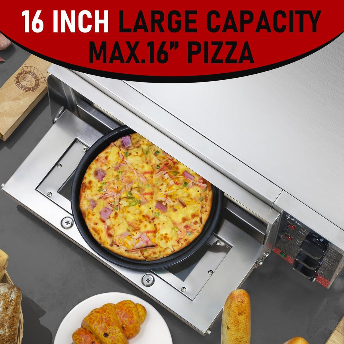 CROSSON Professionele Elektrische Pizzaoven,230V/2000W Commerciële Pizzaoven Roestvrij Staal 16 Inch met Steen voor Binnen,Restaurant,Keuken