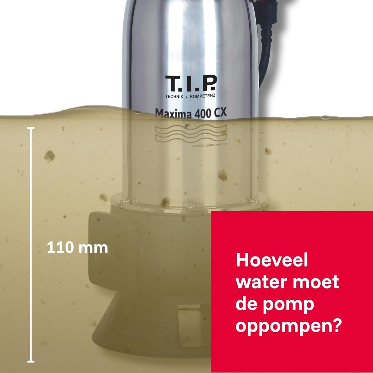 T.I.P. Maxima 400 CX 30140 Vuilwaterpomp, bouwpomp, debiet tot 24.000 l/u, opvoerhoogte max. 9 m/druk max. 0,9 bar, 950 W, met gegoten loopwiel, vergrendelbare vlotterschakelaar