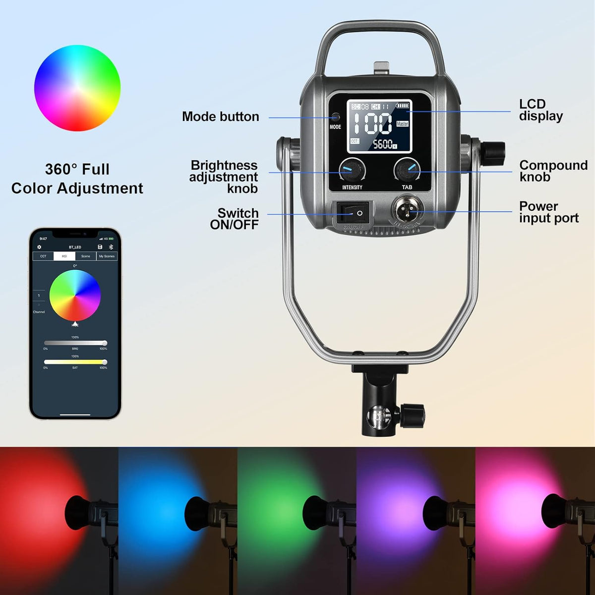 GVM 150W RGB videolamp met softbox, 2700K~7500K fotografie continu licht, LED videoverlichting met 8 lichtscènes, Bowens LED studiolamp voor YouTube streaming, studiofotografieverlichting